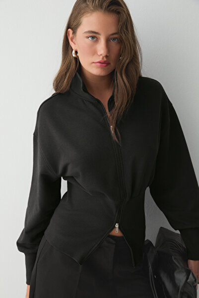 ETHIQUET VIVALDI Kadın Organik Pamuklu Beli Korseli Fermuarlı Siyah Sweatshirt