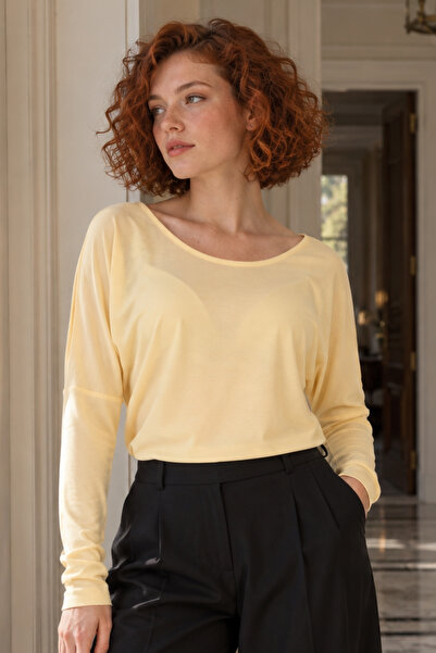 armonika Women's Yellow Shoulder Slit Detailed Side Gathered Long Sleeve Blou...