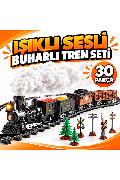 TOTTERİQ 30 Parça Işıklı Sesli Buharlı Oyuncak Tren Seti Raylı ve Aksesuarlı