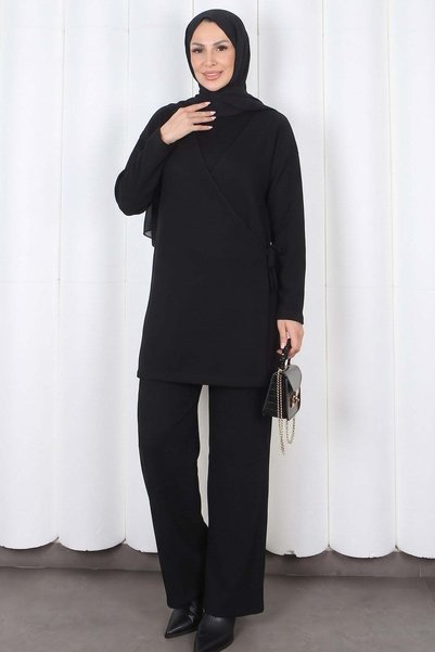 HNT Hayrunnisa Tesettür Black side-tie double-breasted collar knitwear set hnt2812