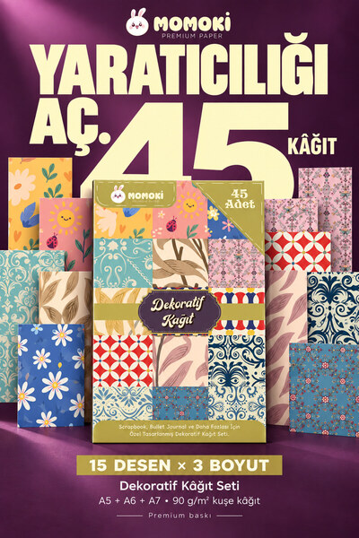 Scrapbook Kağıt Seti Nostaljik Çiçekler ve Geometrik Desenler 45 Adet A5 A6 A7
