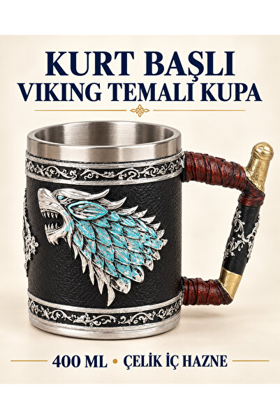 Kurt Başlı Viking Temalı 400 ml Dekoratif Kupa Paslanmaz Çelik İç Hazneli