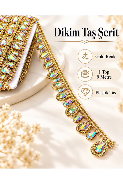 kubbe tekstil aksesuar Gold Dikim Taş Şerit 9 Metre – İridesan Damla Taşlı Pl...