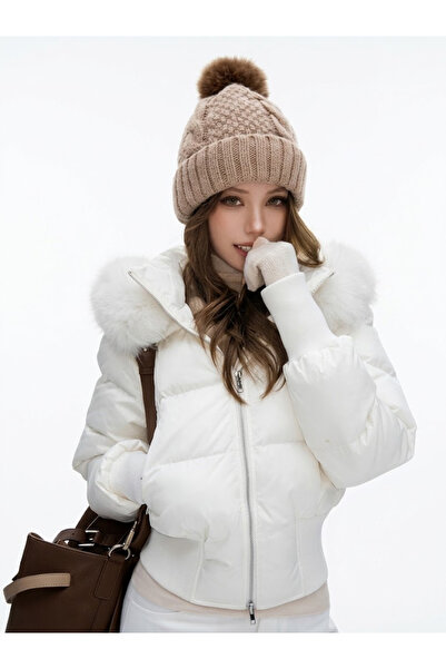 Generic Brand Women's Short Puffer Jacket Fitted Waist, Big Faux Fur Collar, ...