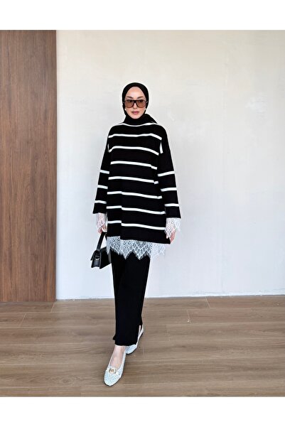 Ulugöl Tekstil Lace Detailed Striped Knitwear Set