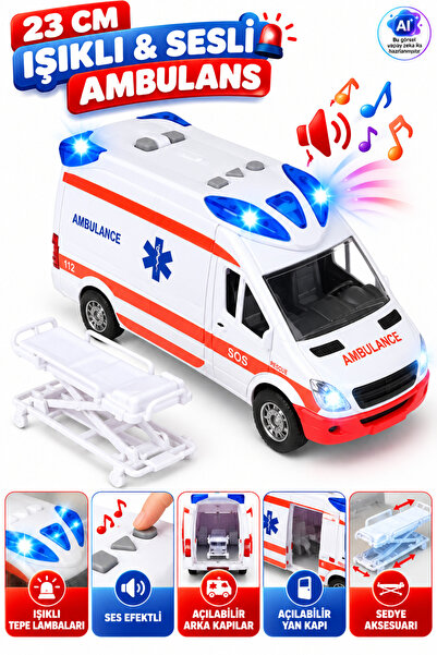 YILDIRIM OYUNCAK Işıklı Sesli Oyuncak Ambulans 23cm – Açılır Kapılı Sedye Aks...