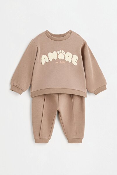 LEFTIES Süet detaylı uzun kollu bisiklet yaka sweatshirt ve pantolon seti