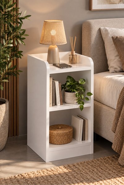 SuloraHome Beyaz Komodin ve Dekoratif Kitaplık