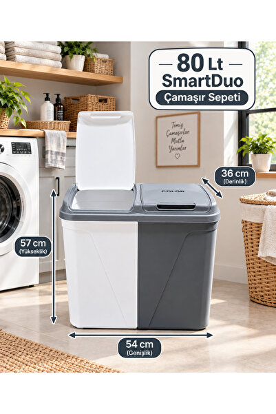 Citim Smart Duo İki Bölmeli Kirli Çamaşır Sepeti - Banyo Çamaşır Sepeti Renkl...