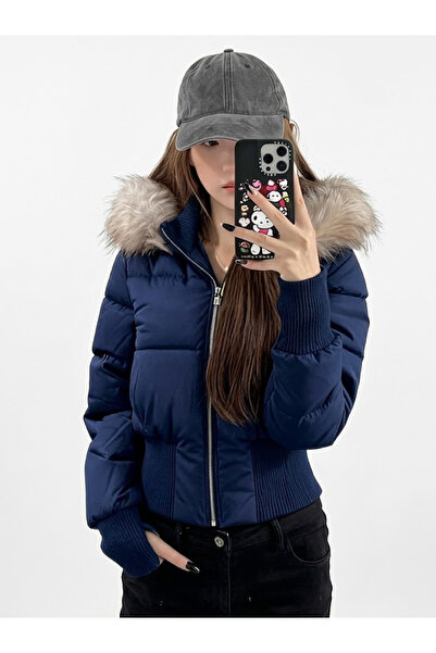 Generic Brand Women's Short Puffer Jacket Fitted Waist, Big Faux Fur Collar, ...