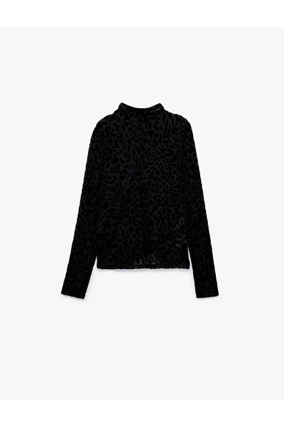 Koton Semi-Sheer High-Neck Velvet Leopard Print Long-Sleeved Tulle T-Shirt