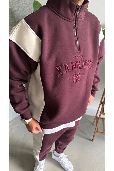 Premium Kalite Oversize Yarım Fermuarlı Nakışlı Üç İplik Şardonlu Takım Bordo