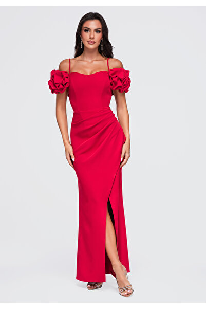 Larica Damen-Abendkleid, Maxi-Schnitt mit asymmetrischer Drapierung Rot LA-OM...