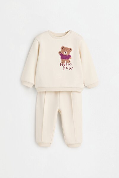 LEFTIES Süet detaylı uzun kollu bisiklet yaka sweatshirt ve pantolon seti