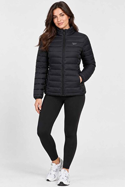 Reebok Women's Black Quilted Puffer Coat with Zipper High Collar Sports Casua...