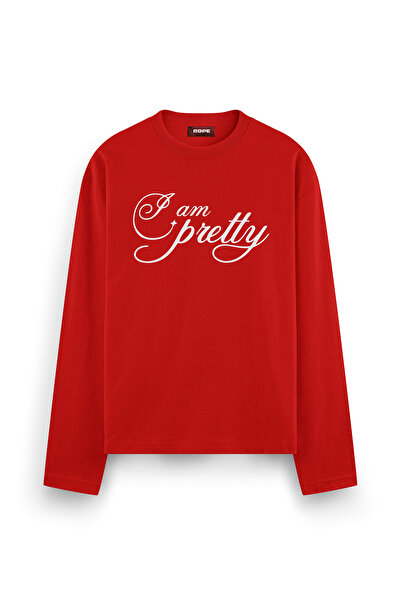 I Am Pretty Baskılı Uzun Kollu Oversize Fit Tişört Kirmizi