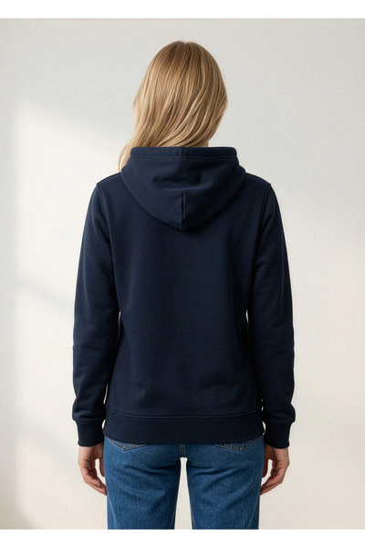 Hediyesepeti Lacivert Kadın Kapüşonlu Basic Sweatshirt Kanguru Cepli Hoodie