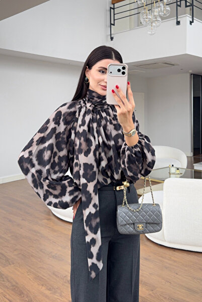 My Blog Leopard Patterned Chiffon Blouse with Neck Detail - 8647