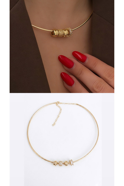 14K Altın Kaplama Kararmaz Çelik Silindir Zirkon Taşlı Modern Choker Kolye