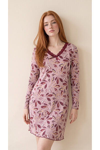 Arzey Floral Patterned Viscose Long Sleeve Women's Dress with Lace Detail