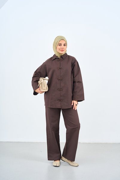 LOCCO Women's Lace Button Detailed Shirt Collar Suit Brown