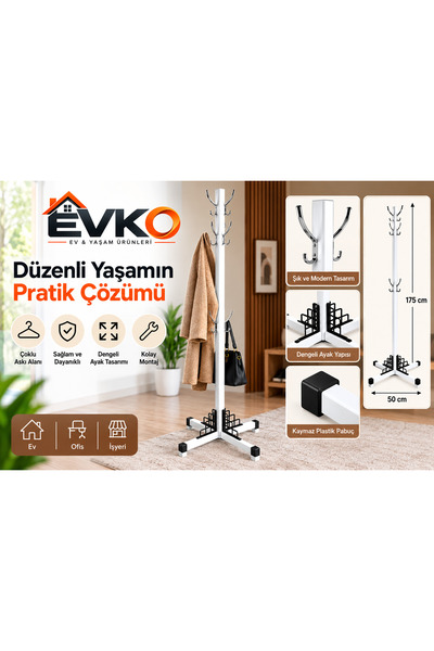 Demonte Plastik Elbise Askılığı 175 cm Ayaklı Çoklu Askılık Portmanto Beyaz