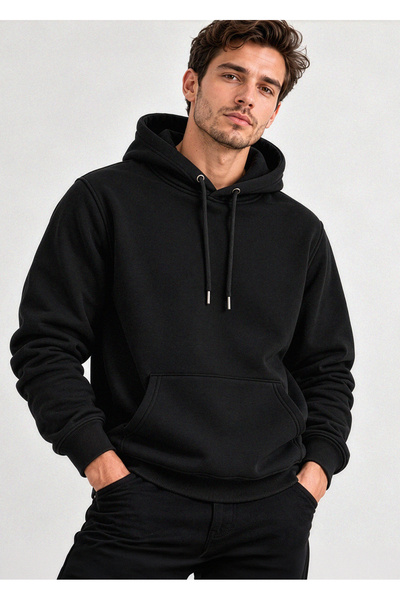 Hediyesepeti Siyah Erkek Kapüşonlu Basic Sweatshirt Kanguru Cepli Hoodie