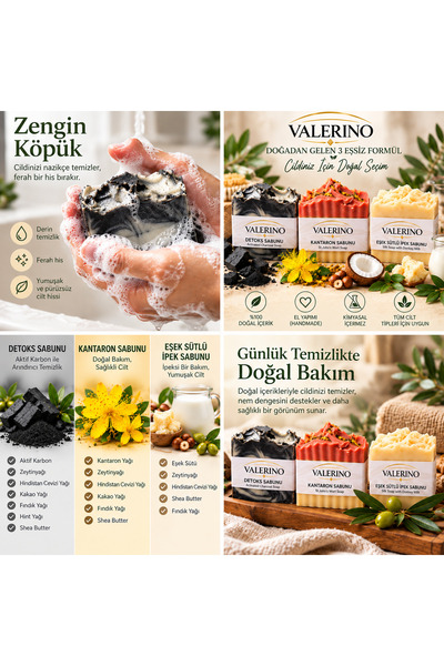 Natural Soap 3'lü Doğal Sabun Seti | Aktif Karbon, Kantaron Yağı & Eşek Sütlü İpek Sabunu | Premium Set