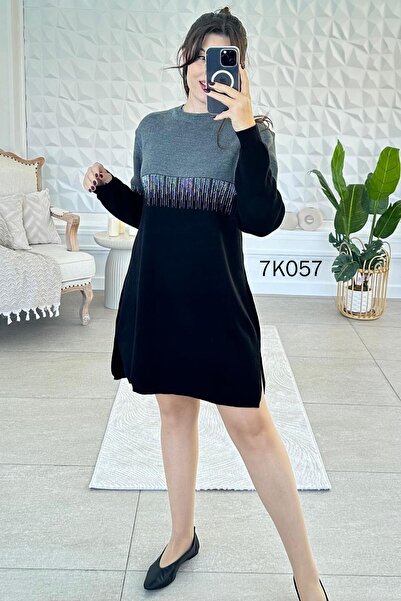 İnce Topuk Bisiklet Yaka Simli Triko Elbise 7K057