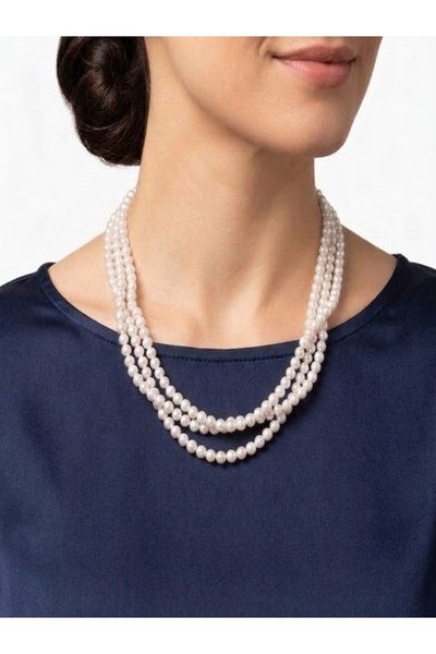 SEVA'S BİJUTERİ Women's 3 Row Majorca Pearl Layered Necklace for Wedding and Engagement