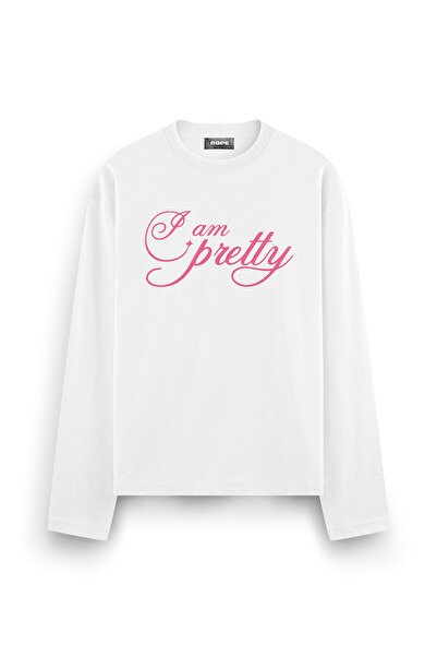 ROPE COUTURE I Am Pretty Printed Long Sleeve Oversize Fit T-Shirt White