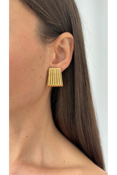 Luparadis Steel Serrated Rectangular Design Gold Earrings