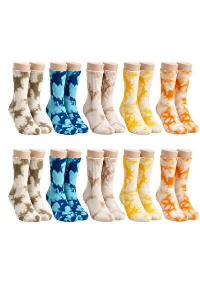 Şerife Hanım Unisex Batik Patterned Socks Set of 10 Cotton Colorful Long Sock...