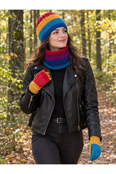 Gönülden Tasarım Hand Knitted Women's Gloves, Neck Collar and Beanie Set