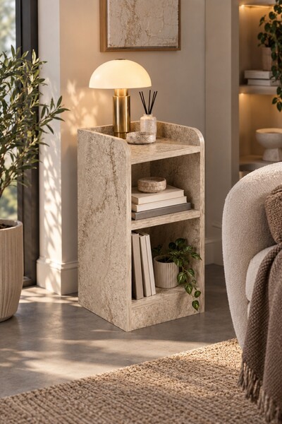 SuloraHome Traverten Görünümlü 3 Katlı Dekoratif Komodin ve Kitaplık Raf