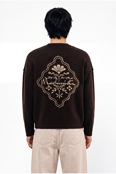 Machinist Men's Crew Neck Back Patterned Oversize Knitwear Dark Brown