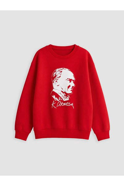 LC Waikiki Lcw Kids Red 3-Thread Raster Printed Loose & Baggy Girls' Sweatshi...