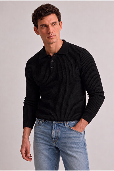 viyamen Men's Polo Collar Buttoned Long Sleeve Ribbed Knit Sweater