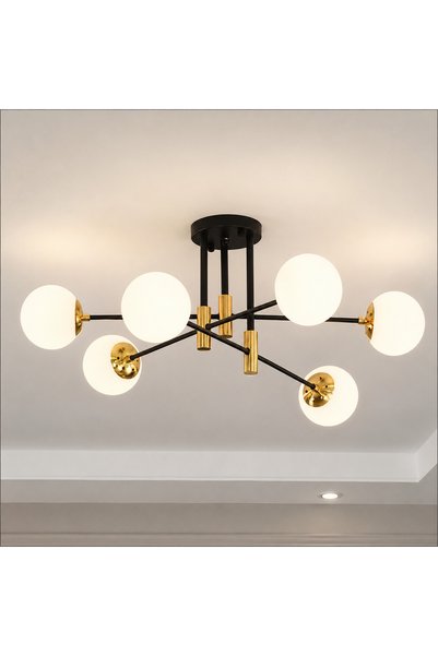 OEM Lustres με στρογγυλή λευκή σφαίρα, PENTHOUSE Lounge, 6xE27, Μαύρο / Χρυσό...
