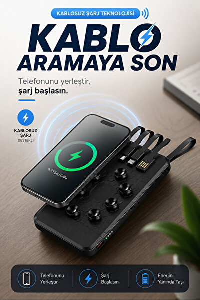 Mmctech Powerbank 12.000 mah Wireless Standlı Vantuzlu Dahili Çoklu Kablo 4in1 Kablolu ve Kablosuz