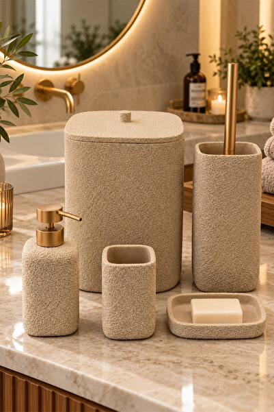 ACAR Laduree Beige 5 Parça Banyo Aksesuar Seti