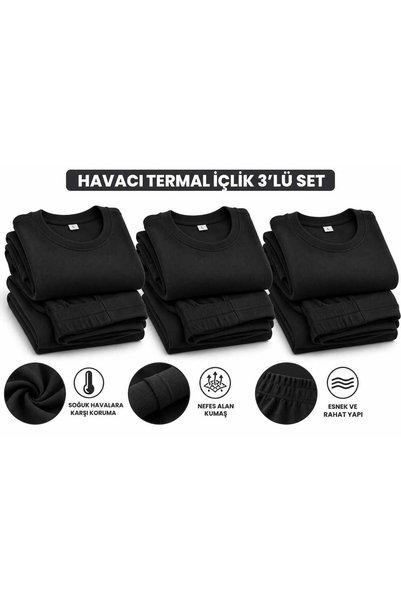 kacaraskerigiyim 3LÜ SET HAVACI TERMAL İÇLİK TAKIM SİYAH KIŞLIK