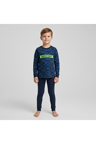 BONBON Boy's Cotton Printed Navy Blue Long Sleeve T-Shirt and Navy Blue Under...