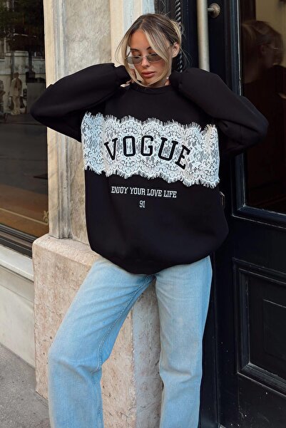 Swist Black Enjoy Lace-Trimmed Women's Sweatshirt with Cotton Interior