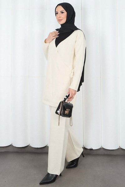 HNT Hayrunnisa Tesettür Side-tie, double-breasted collar knitwear set - cream hnt2812