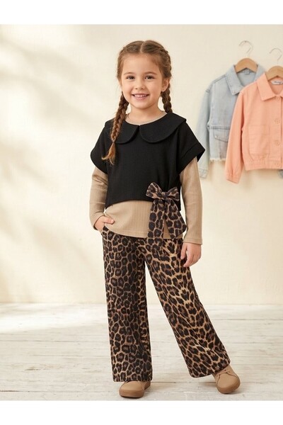 Generic Brand Girl's Beige-Black 3-Piece Set (Collared Short-Sleeved Vest, Ri...