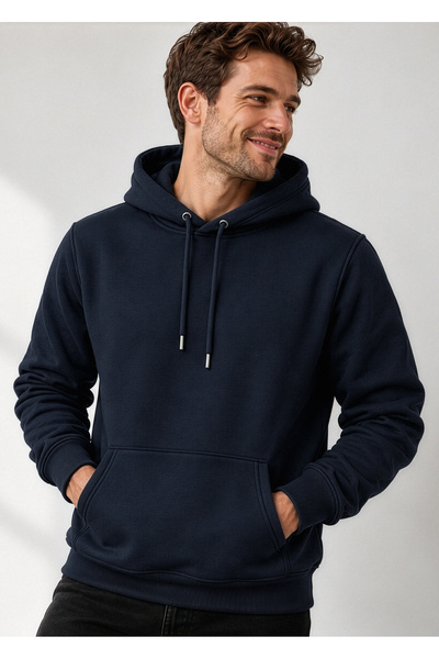 Hediyesepeti Lacivert Erkek Kapüşonlu Basic Sweatshirt Kanguru Cepli Hoodie