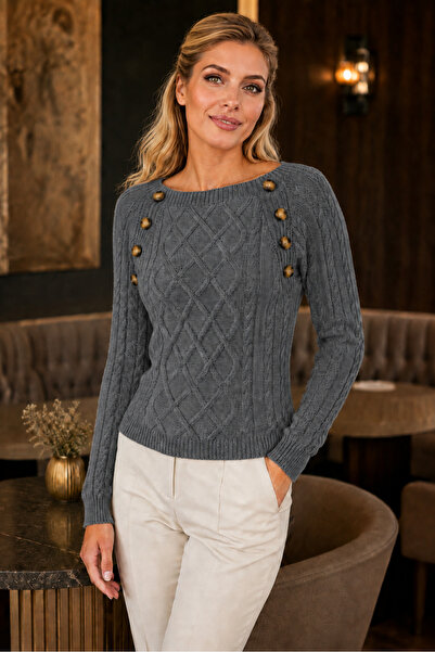 TRQOM Women's Wide Collar Long Sleeve Hair Braided Decorative Button Detailed...