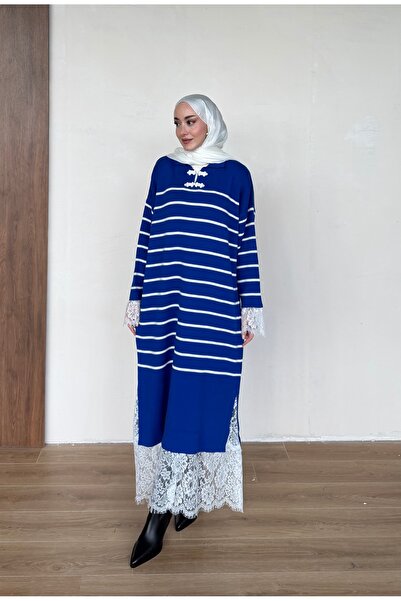 Ulugöl Tekstil Lace Detailed Striped Knitwear Dress