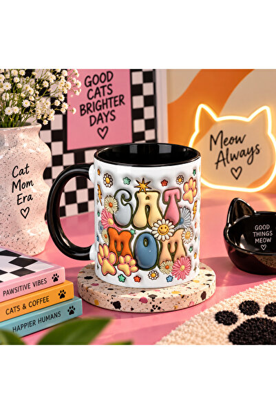 Cat Mom Porselen Kupa Bardak – Renkli Çiçek ve Pati Desenli Kedi Annesi Temalı Hediye Kupa